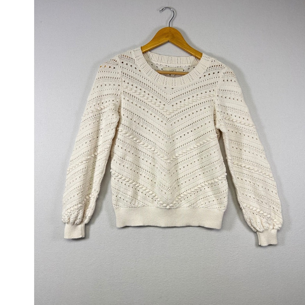 Coastal Grandma Loft Sweater Women XS Cream‎ Pointelle Bobble Cable Knit Cotton